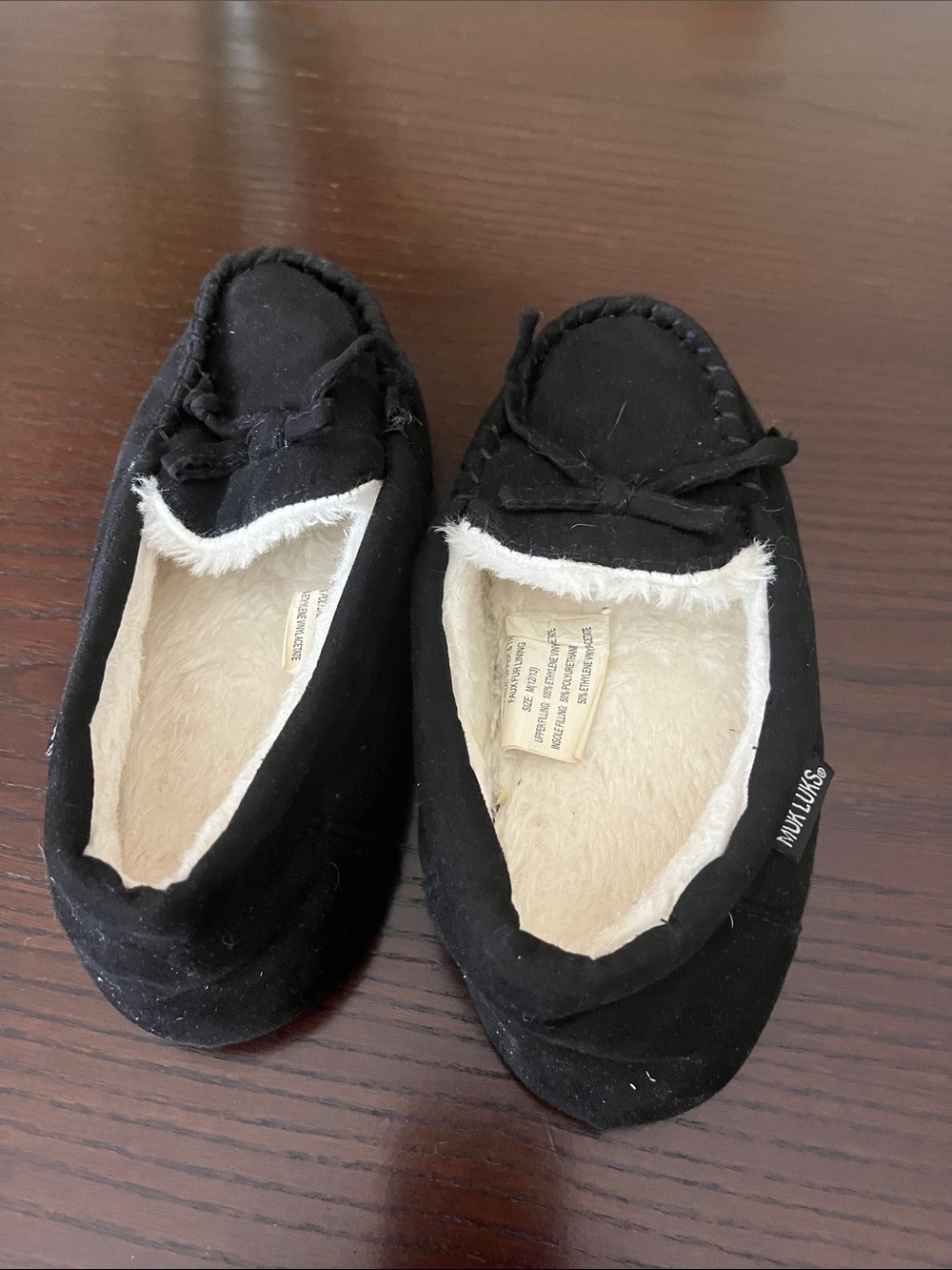 Muk Luks Kids Black Moccasin Slippers with Cream Faux-Fur Lining